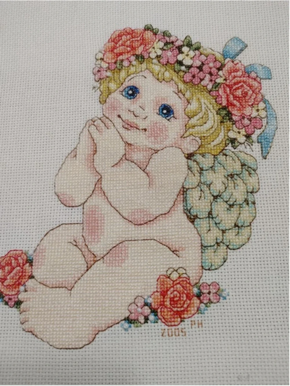 Handmade Blue and White Angel Cherub Cross Stitch Picture Frame 9x11